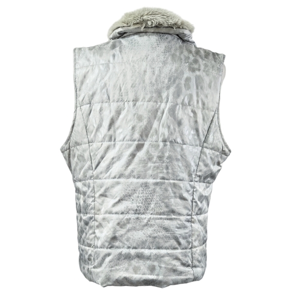 Chico's Silver Animal Print Metallic Faux Fur Collar Quilted Zip Vest Pockets - Picture 2 of 9